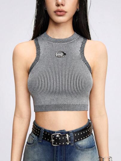 Grunge Punk Haut Sans Manches En Tricot Pour Femme Avec Détails En Strass Et En Lettre Pour Le Printemps-été