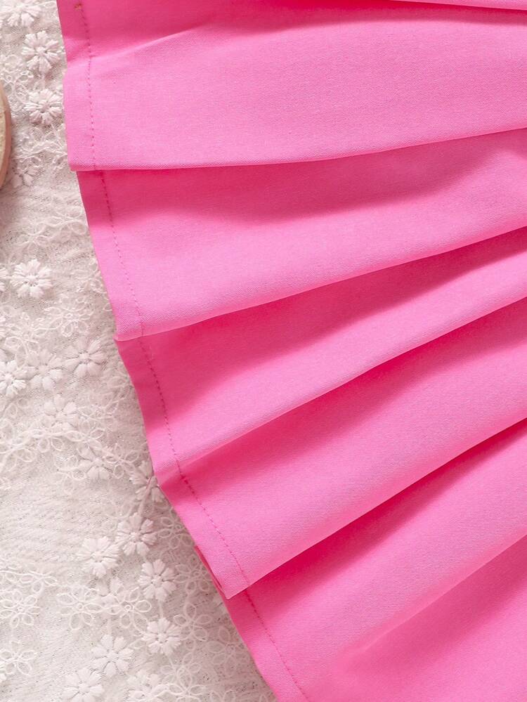 Baby Girl Peter Pan Collar Short Sleeve Shirt And Solid Color Pleated Skirt 2pcs Outfit Set