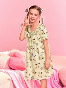 HELLO KITTY AND FRIENDS | SHEIN Tween Girl's Cute Square Neck Cartoon Printed Nightgown With Knot And Ruffle Trim
