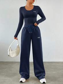 SHEIN EZwear Spring Blue Y2k Letter Patched Crop Tee & Drawstring Waist Sweatpants Two Piece Set - Blue - View 1