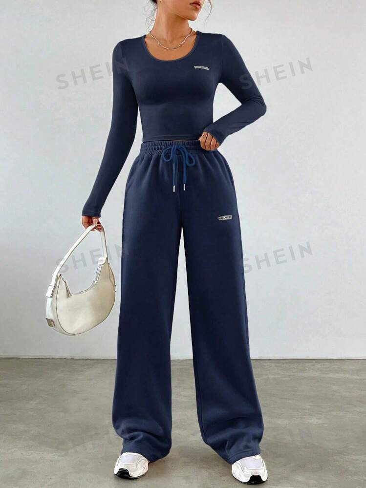 SHEIN EZwear Spring Blue Y2k Letter Patched Crop Tee Drawstring Waist Sweatpants Two Piece Set