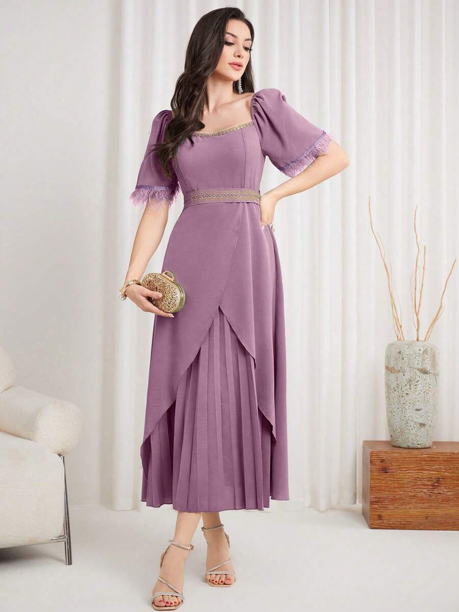 Modelyn Women's Square Neckline Short Puff Sleeve Pleated Dress - Purple - View 1