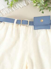 SHEIN Young Girl Solid Texture Sleeveless Halterneck Top & Wide Leg Pants With Waist Bag, Spring/Summer - Blue - View 3