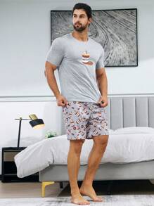 Men Casual Coffee Print Short Sleeve And Shorts Homewear Set