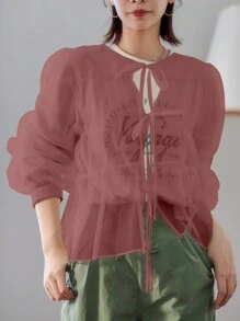 FRIFUL Ladies' Loose Fit Lantern Sleeve Mesh Top With Front Tie Design For Spring & Summer,Fall Clothes Long Sleeve Women Tops - Redwood - View 4