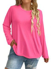 SHEIN LUNE Plus Size Women's Cerise Pink Solid Round Neck Loose Casual Long Sleeve T-Shirt,Autumn Vacation Minimalist Daily Commute Undershirt Top Fall - Hot Pink - View 1