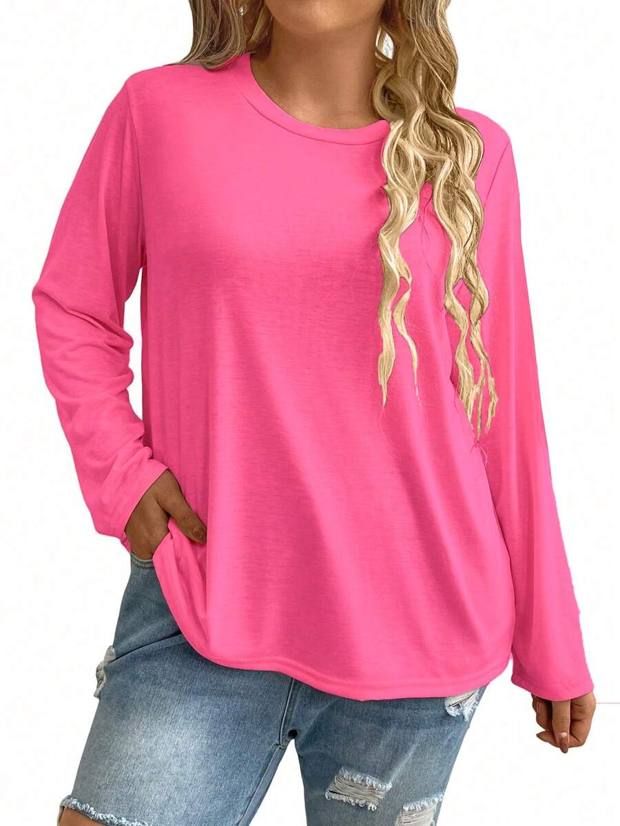 SHEIN LUNE Plus Size Women's Cerise Pink Solid Round Neck Loose Casual Long Sleeve T-Shirt,Autumn Vacation Minimalist Daily Commute Undershirt Top Fall - Hot Pink - View 1