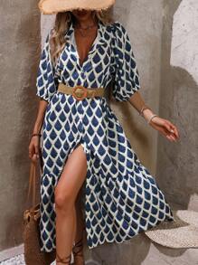 Breezaya 女士度假風格全印花長裙,前扣式開衩設計 - 藍色 - 查看 4