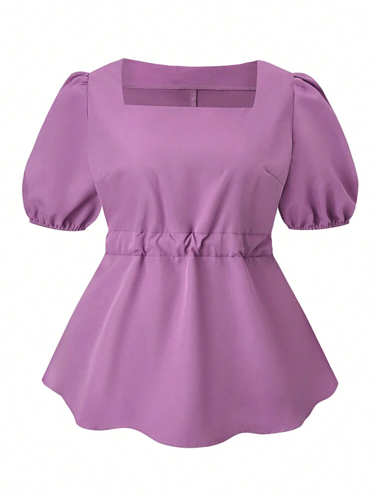 Plus Size Women's Summer Square Neck Short Puff Sleeve Waist Cinched Blouse