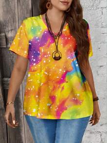 EMERY ROSE Plus Size Women's Summer Casual Tie Dye V-Neck Loose Short Sleeve T-Shirt - Yellow - View 4