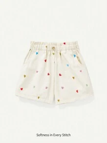 Cozy Pixies Baby Girl Casual Shorts With Side Pockets And Multicolor Heart Pattern - Apricot - View 1