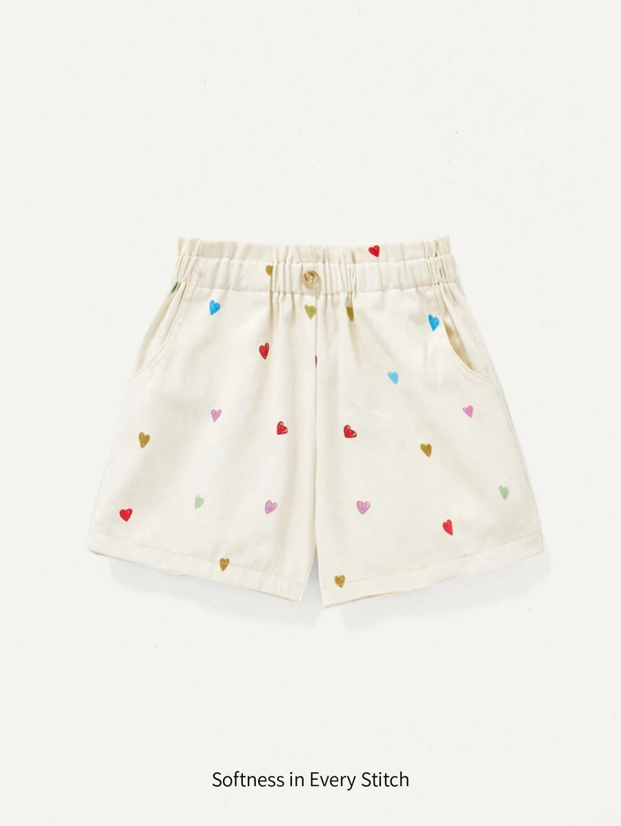 Cozy Pixies Baby Girl Casual Shorts With Side Pockets And Multicolor Heart Pattern - Apricot - View 1