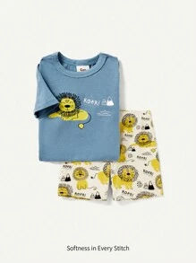 Baby Boy Snug Fit Pajama Set, Cartoon Animal Print Short Sleeve Top And Casual Shorts, 2pcs - Blue - View 1