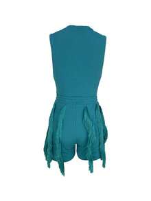 Summer Fashionable Tight-Fitting Vest And Fringe Adorned Shorts, Suitable For Music Festivals - Baby Blue - View 5