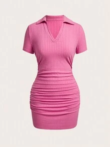Slaydiva Summer New Arrival Elastic Tight Dress, Solid Color Wide Ribbed Mini Bodycon Dress - Pink - View 5