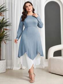 Mulvari Plus Size Color Block Round Neck Elegant Asymmetric Hem Midi Dress - Blue - View 5