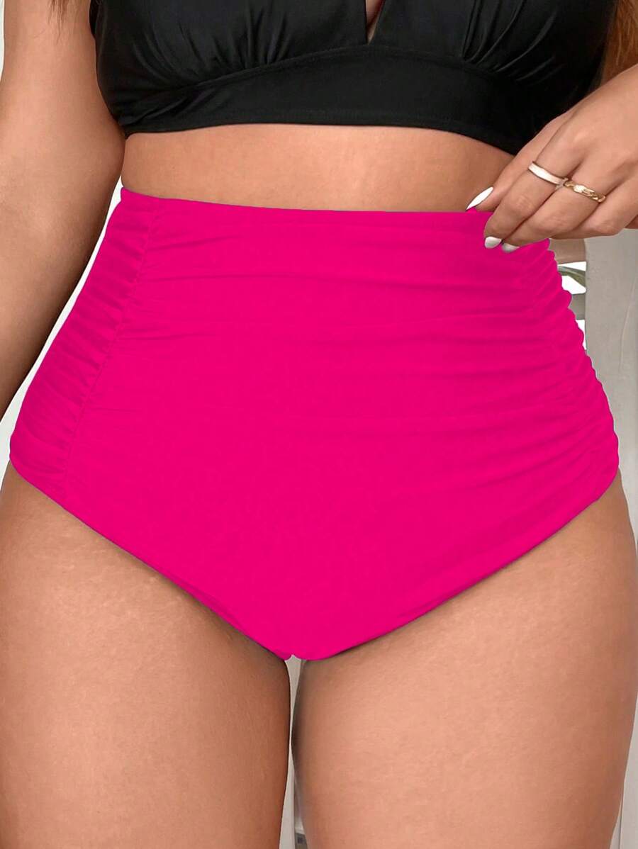 Swim Basics 大尺碼女性夏季海灘超高腰褶皺束腹控制泳衣底部 - 玫紅色 - 查看 1