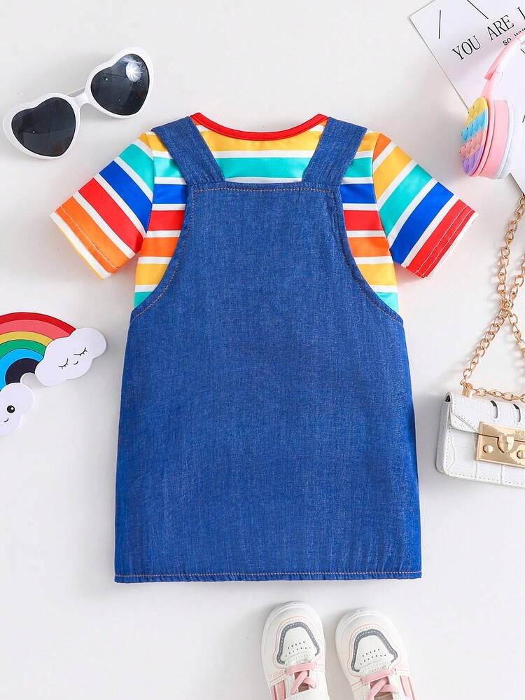 Baby Girl Spring/Summer Fashionable Casual Rainbow Stripe Pattern T-Shirt And Rainbow Embroidery Suspenders Skirt Set