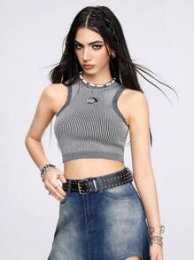 ROMWE Grunge Punk Blusa Sin Mangas De Punto Para Mujer De Primavera/verano Con Detalles De Letra Y Pedrería - Gris - Ver 5