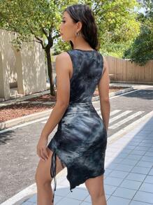 SHEIN EZwear Tie-Dye Knit Summer Casual Sleeveless Bodycon Dress With Drawstring Side - Black and White - View 2