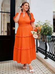 Simplee Plus Size Women's Romantic Ruffle Hem Solid Color Pleated Dress, Suitable For Wedding Guest, Vacation, Music Festival, Birthday Elegant Summer - Orange - View 6