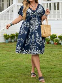 EMERY ROSE 大尺碼女士夏季休閒印花蕾絲拼接蝙蝠袖母親節連衣裙 - 藍色 - 查看 3