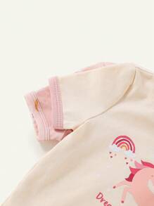 Cozy Pixies Baby Girl Snug Fit Pajama Set With Unicorn Rainbow Pattern Round Neck Short Sleeves Top And Pants, Homewear Matching Set