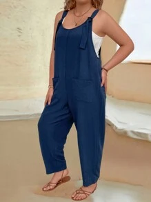 SHEIN LUNE 女裝大碼純色背帶口袋休閒連身褲,夏季必備 - 藏蓝色 - 查看 3
