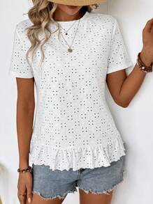 EMERY ROSE Summer Casual And Street Style White Ruffle Short-Sleeved Women's T-Shirt - White - View 3