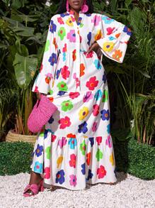 Slaydiva Vacation Small Stand-Up Collar, Long Sleeves, Bell Cuffs, Large A Hem, Extra Long All-Over Colorful Flower Print Women's Dress - Multicolor - View 1