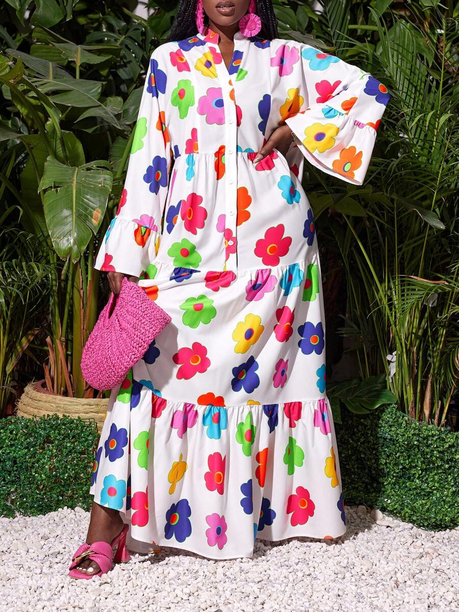Slaydiva Vacation Small Stand-Up Collar, Long Sleeves, Bell Cuffs, Large A Hem, Extra Long All-Over Colorful Flower Print Women's Dress - Multicolor - View 1