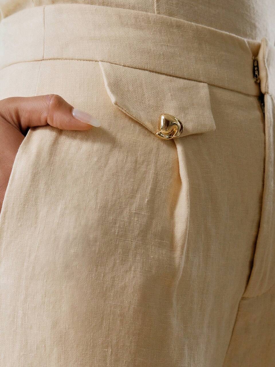 MOTF LINEN SOLID FOLD PLEATED SLANT POCKET STRAIGHT SUIT PANTS
