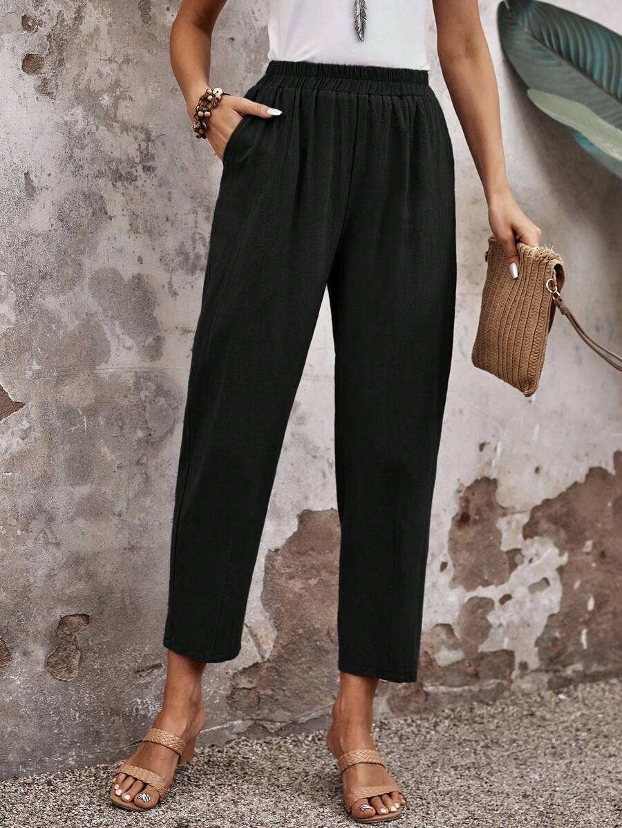 EMERY ROSE Elastic Waist All-Over Print Pants, Casual Daily Wear Airport Outfit - Black - View 1