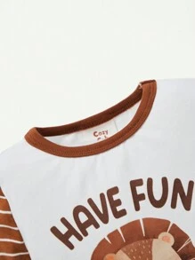 Cozy Pixies Baby Boy Snug Fit Pajama, Cute Bear Print Color-Block Round Neck Top And Long Pants Set - Coffee Brown - View 4