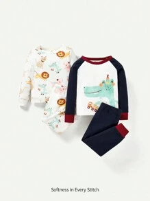 Cozy Pixies 寶寶男孩緊身睡衣套裝,卡通動物圖案,圓領長袖上衣和褲子,4件套 - 藏蓝色 - 查看 1