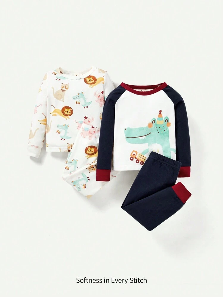 Baby Boy Snug Fit Pajamas Set With Cartoon Animal Pattern, Round Neck Long Sleeve Top And Pants, 4pcs