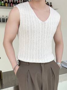 Manfinity Hypemode 1pc Men's Cable Knitted Sweater Vest With V-Neck - Beige - View 3