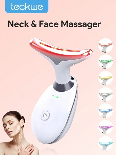 Teckwe 颈脸按摩器，颈部美容仪，带正负离子，3级强度和恒温按摩和7种颜色模式，深层清洁，加热和振动嫩肤美容仪，提拉和收紧松弛皮肤，护肤工具家用面部护理机，女士圣诞礼物，秋冬季假期露营必备品度假配件，露营用品