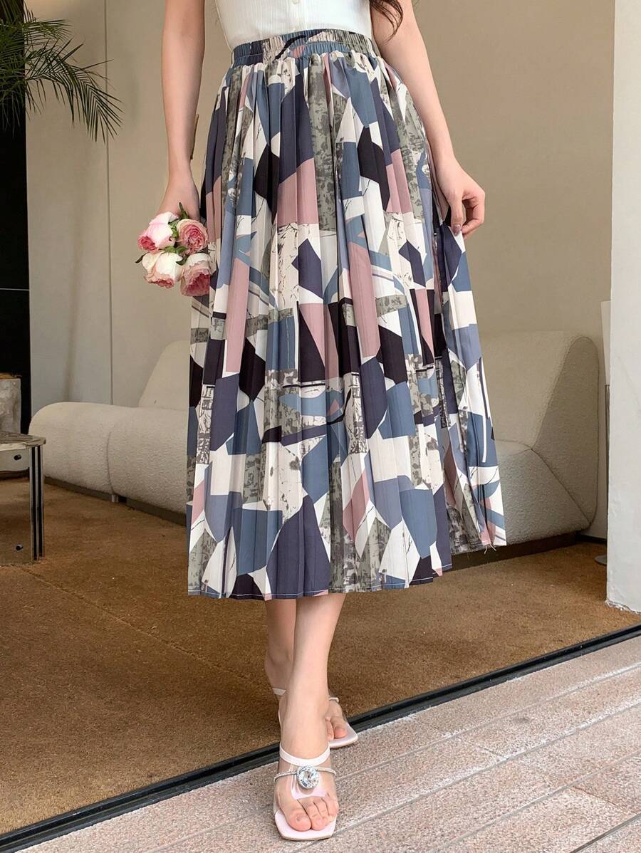 DAZY Women's Geometric Printed Pleated Skirt,Fall Clothes