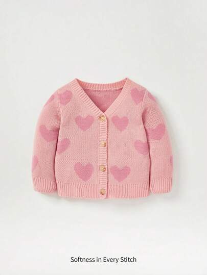 Cozy Pixies 女婴 V 领长袖心形图案轻质针织开衫，情人节