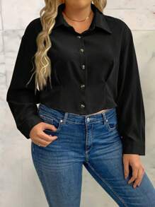 Calvaya Blus Ukuran Plus Tombol Tombol Depan Plain Casual - Hitam - View 3