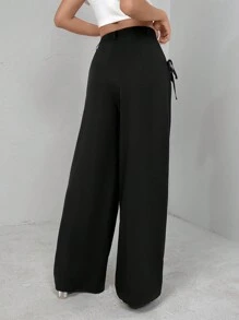 SHEIN Essnce Summer High Waist Pleated Wide Leg Suit Pants With Knot Design For Casual & Commute