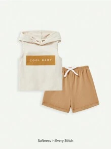 Cozy Pixies Baby Boys' Sleeveless Hoodie With Letter Print And Solid Color Shorts Set