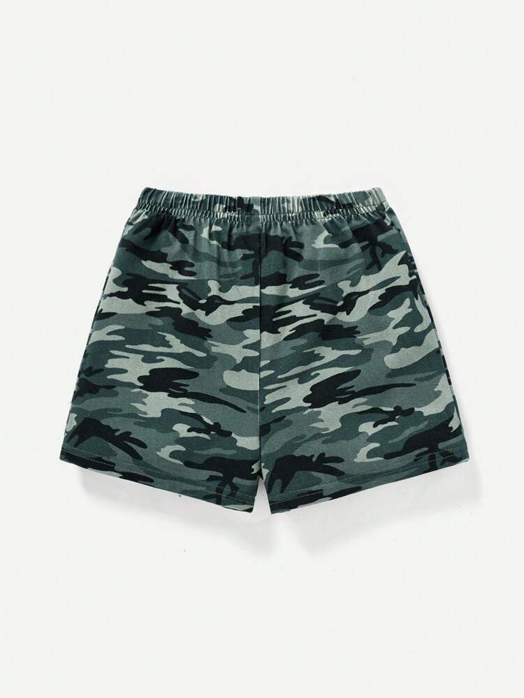Baby Boys' Cartoon Animal Pattern Short Sleeve Round Neck Top And Camouflage Shorts Set