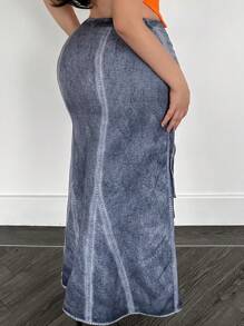 SHEIN SXY 大尺碼翻蓋口袋高衩裙 - 卡其色 - 查看 2