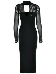 Double Layer Long Sleeve Mesh Fitted Maxi Dress, Elegant For Women's Cocktail Party, Semi-Formal Dance, Wedding Guest Attire, Suitable For Birthday, Graduation Ceremony, Gala, Homecoming Party And Other Occasions - Black - View 2