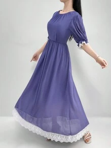 Modelyn Ladies' Contrast Color Lace Trimmed Round Neck Dress - Blue - View 5