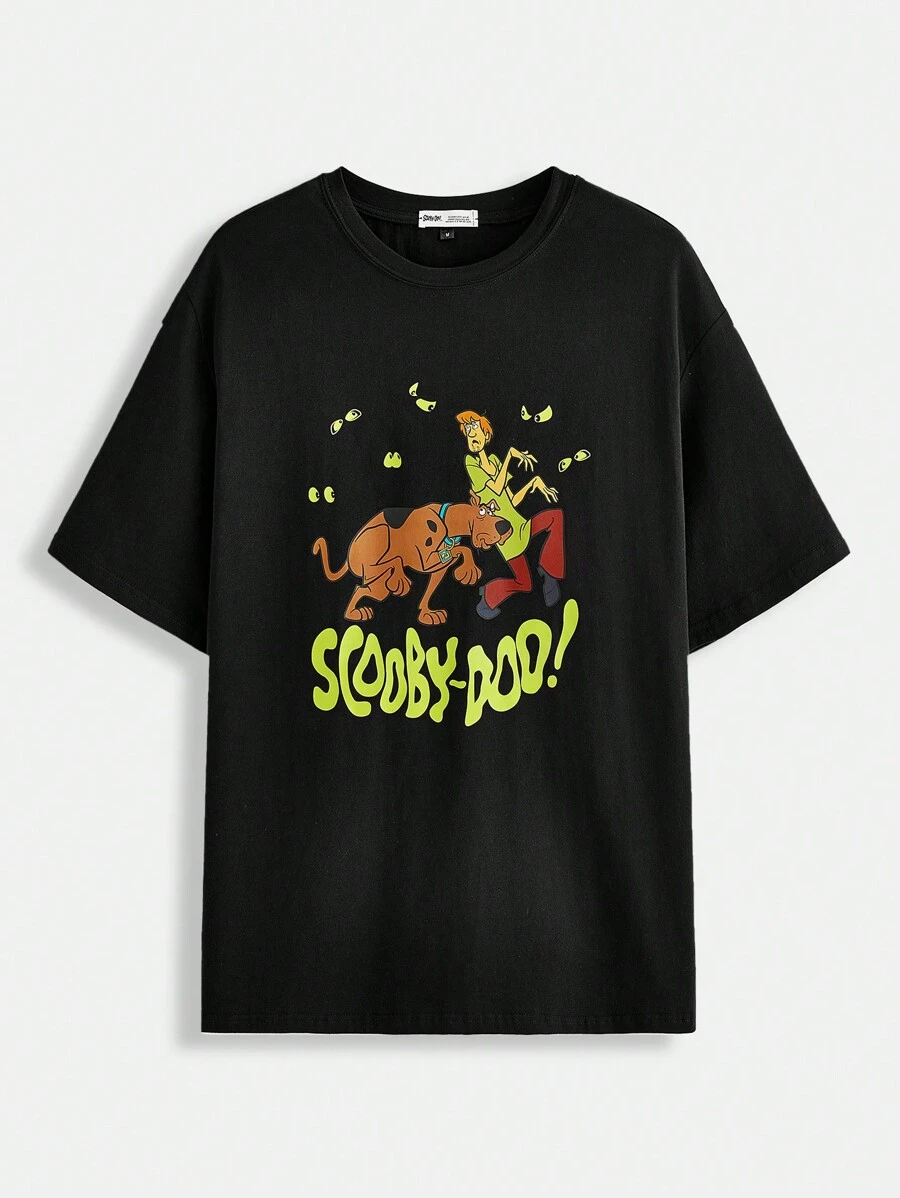 SCOOBY-DOO X SHEIN 男子卡通字母圖案下垂肩t恤 - 黑色 - 查看 1