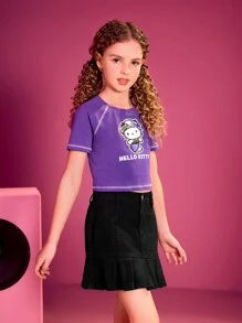 HELLO KITTY AND FRIENDS | SHEIN 青少女對比縫紉拉格蘭袖可愛休閒t卹夏季款 - 紫色 - 查看 6