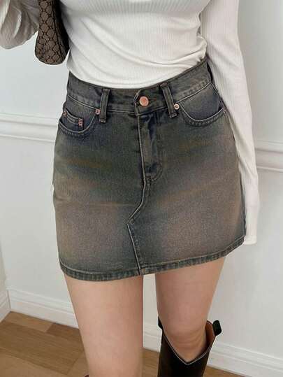 DAZY Women's Zippered Straight Denim Skirt Jeans Skirt